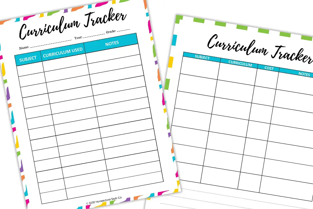 Homeschool Curriculum Tracker Homeschool Curriculum Planner