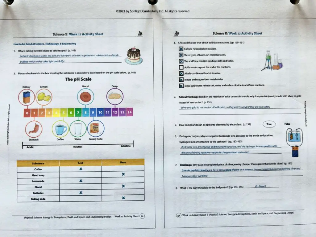 Sonlight Science E Activity Sheets