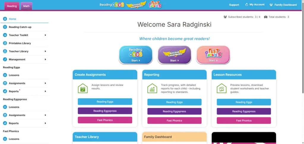 Reading Eggs Homeschool Max Dashboard